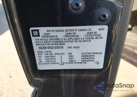 2003 Chevrolet Silverado 1500 Lt z USA, uszkodzony, nr VIN 2GCEK19T031370716